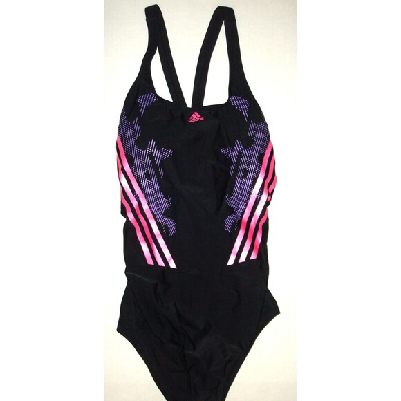 New Womens 16 NWT Adidas Swimsuit Black Purple Pink Logo Cups One Piece Bathing - Picture 1 of 6